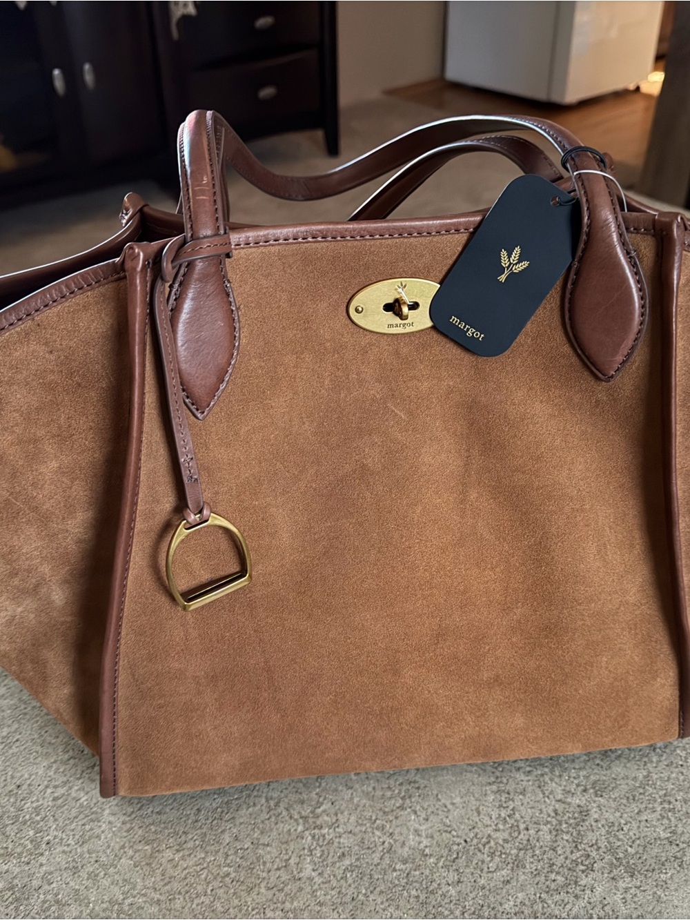 margot Suede Shoulder Bag in Brown with Gold Hardware